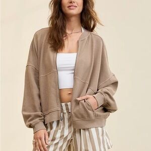 Aerie Full Zipper Bomber Style Jacket/Sweatshirt Beige Soft 100% Cotton Size L